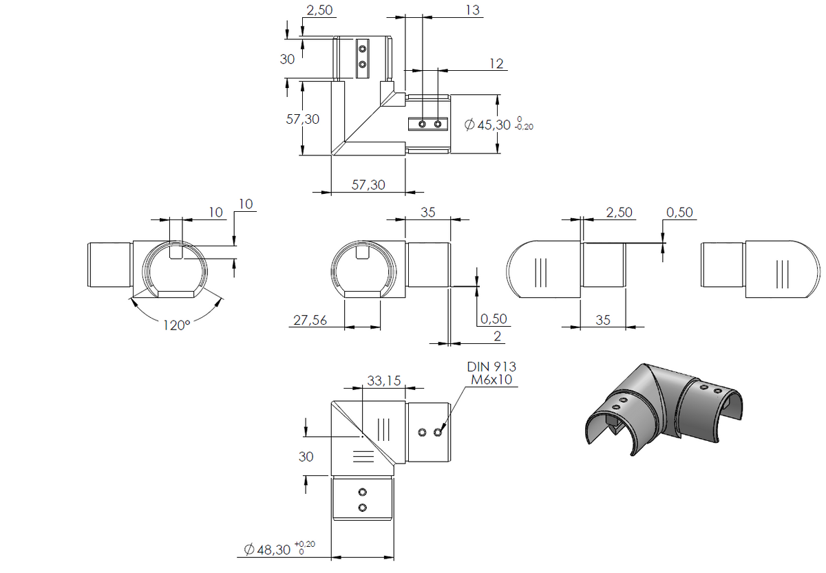 Verlaufsecke 90 Grad für Glasleistenrohr 48,3 x 1,5mm, V2A