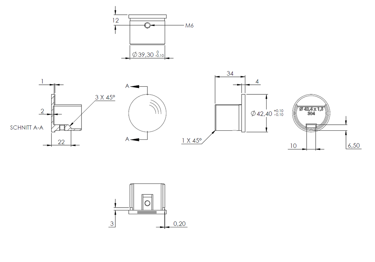Flache Endkappe für Glasleistenrohr ø 42,4 x 1,5mm, V4A