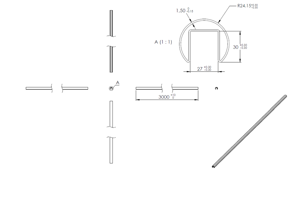 Glasleistenrohr, ø 48,3mm x 1,5mm, LL=3m, V2A