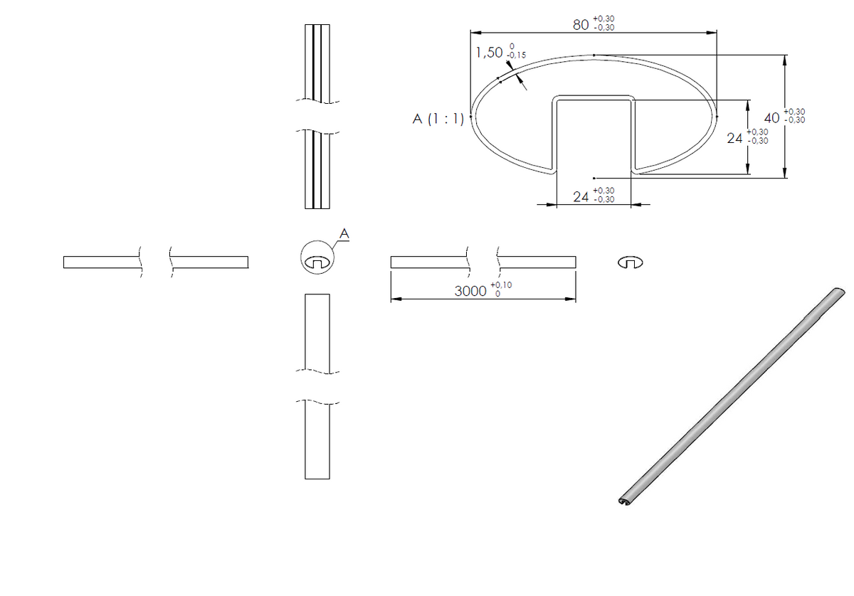 Glasleistenrohr, oval 80 x 40 x 1,5mm, LL=3m, V2A