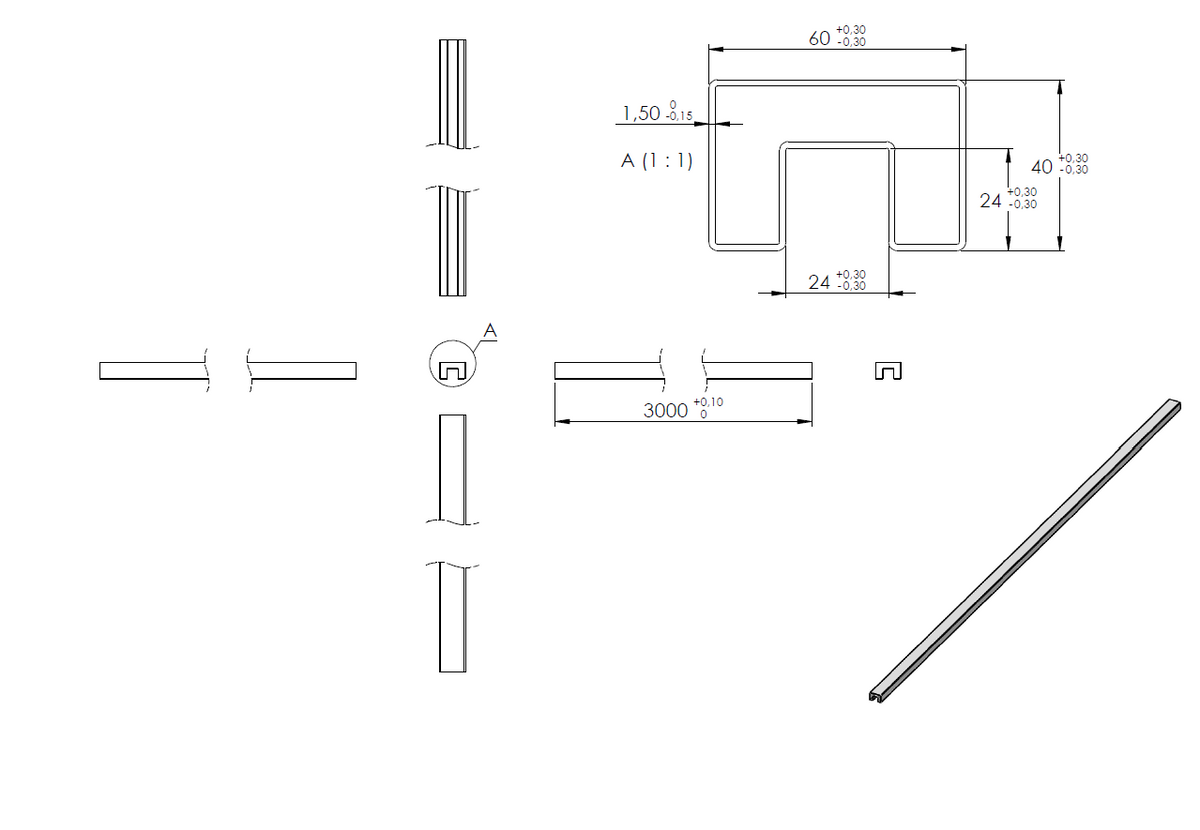 Glasleistenrohr, 60 x 40 x 1,5mm, LL=3m, V2A