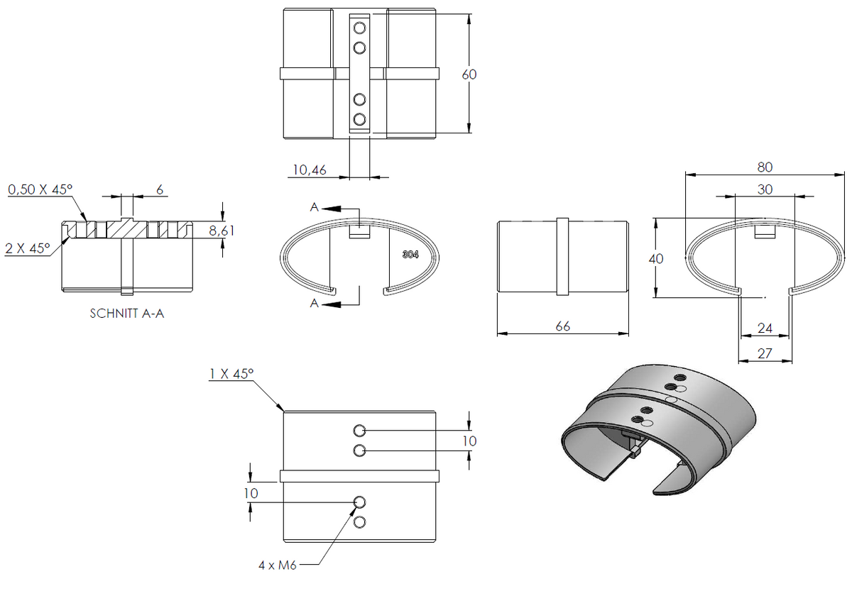 Rohrverbinder für Glasleistenrohr oval 80 x 40 x 1,5mm, V2A