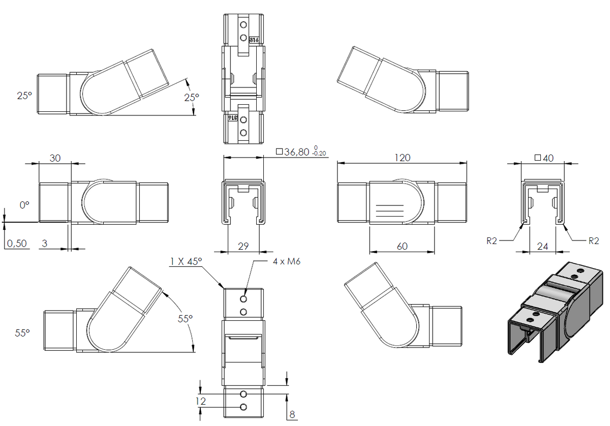Rohrverbinder aufwärts, flexibel 25 - 55°, für Glasleistenrohr 40 x 40 x 1,5mm, V4A