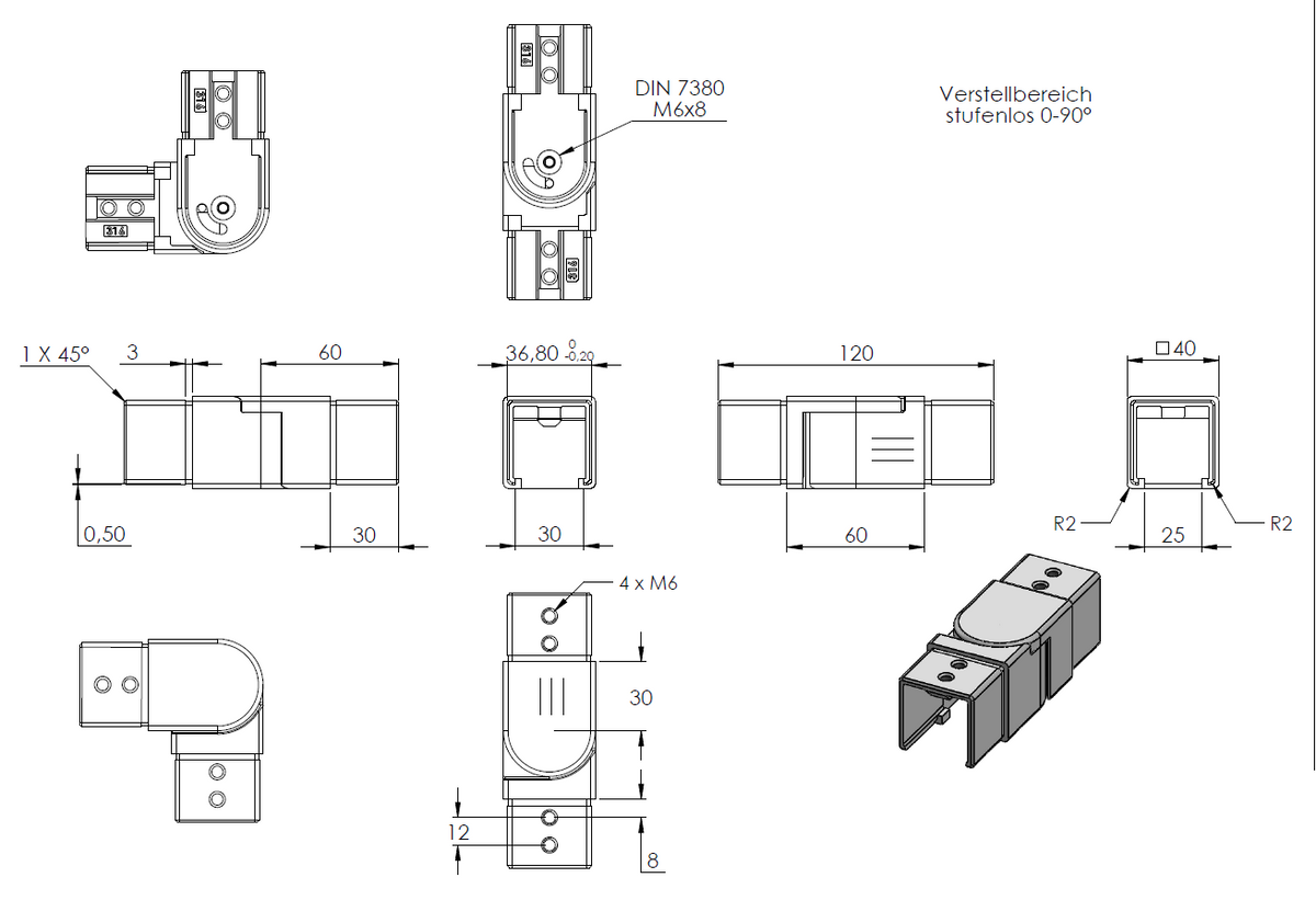 Rohrverbinder seitwärts, flexibel 90 - 180°, für Glasleistenrohr 40 x 40 x 1,5mm, V4A