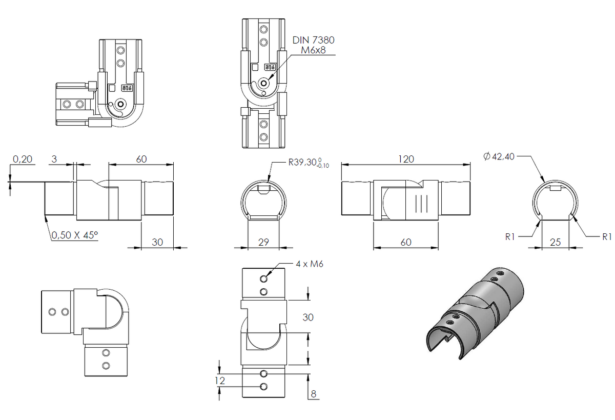 Rohrverbinder seitwärts, flexibel 90 - 180°, für Glasleistenrohr ø 42,4 x 1,5mm, V4A