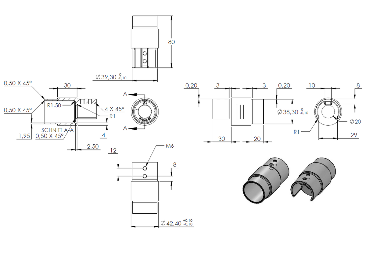 Nutrohr-Adapter, auf Rohr ø 42,4 x 2,0mm, für Glasleistenrohr ø 42,4 x 1,5mm, V4A