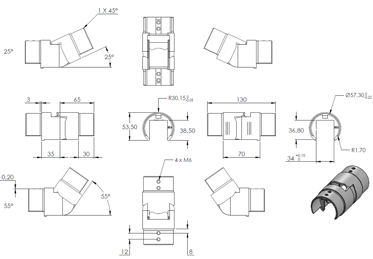 Rohrverbinder aufwärts, flexibel 25 - 55°, für Glasleistenrohr ø 60,3 x 1,5mm, V4A