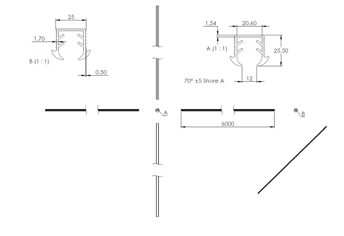 Gummiprofil 6m für Nut 24 x 24mm für Glasstärke 11,52 - 13,52mm
