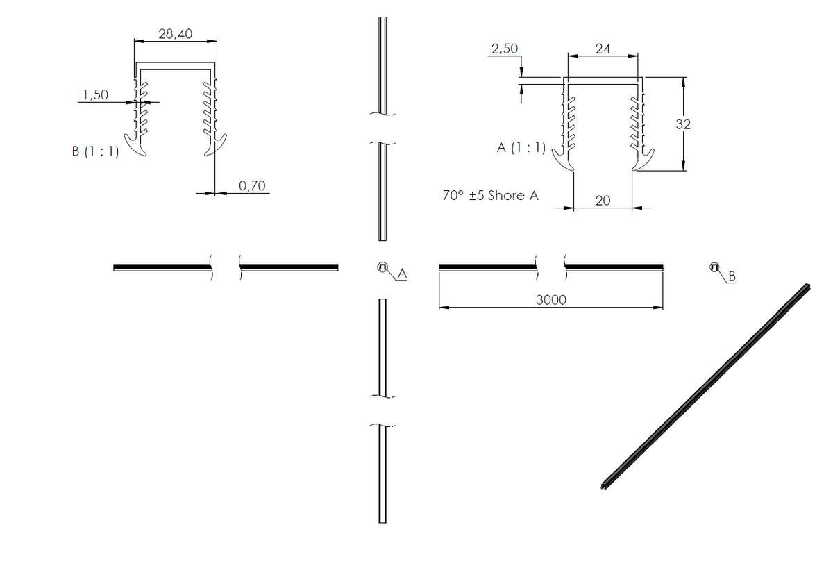 Gummiprofil 3m für Nut 27 x 30mm für Glasstärke 20,76 - 21,52mm