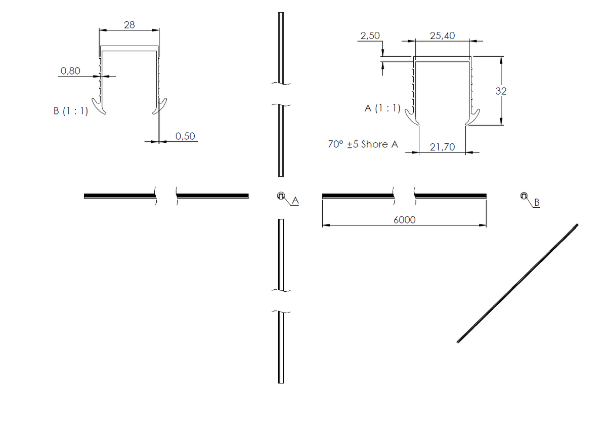 Gummiprofil 6m für Nut 27 x 30mm für Glasstärke 24,76 - 25,52mm