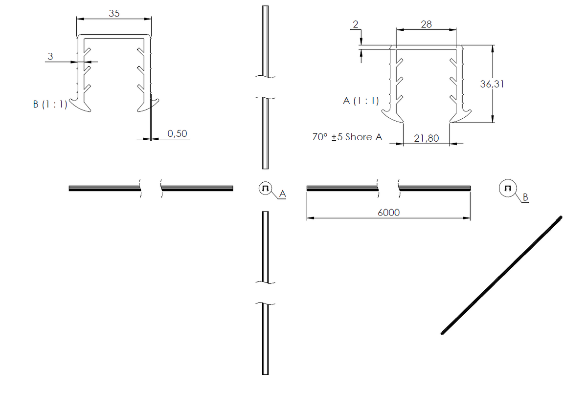 Gummiprofil 6m für Nut 34 x 34mm für Glasstärke 24,76 - 25,52mm