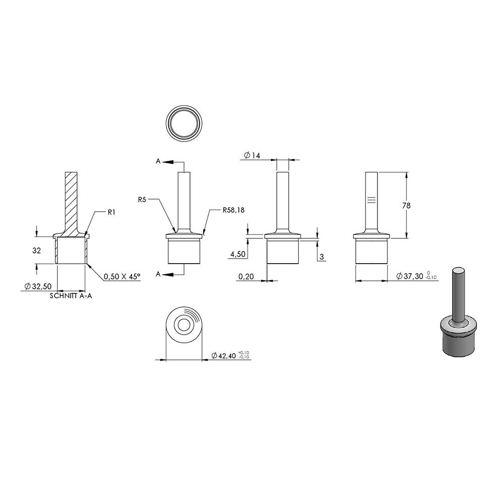Handlaufstütze ø 14mm aus einem Teil für ø 42,4 x 2,5mm Pfosten, zum Anschweißen an Handlauf, aus V4A