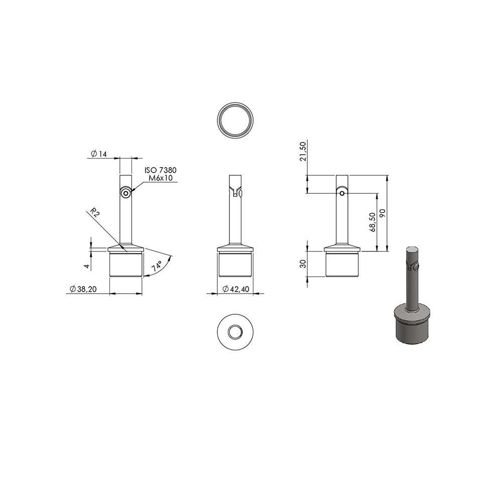 Handlaufstütze aus einem Teil, mit Gelenk, für ø 42,4 x 2,0mm Pfosten, zum Anschweißen an Handlauf