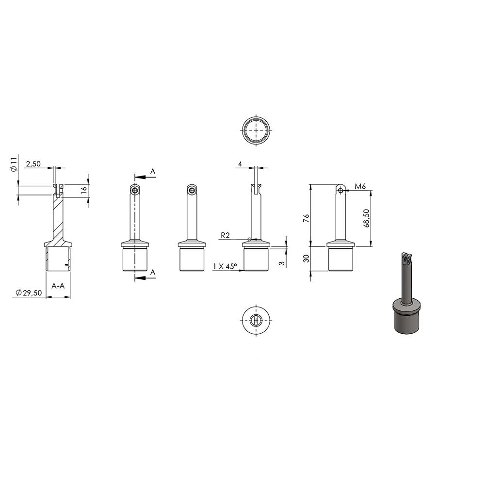 Handlaufstütze aus einem Teil, mit Gelenk, für ø 33,7 x 2,0mm Pfosten, mit Halteplatte für Handlauf ø 42,4mm