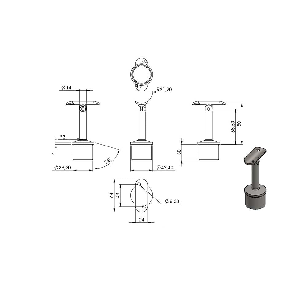 Handlaufstütze aus einem Teil, mit Gelenk, für ø 42,4 x 2,0mm Pfosten, mit Halteplatte für Handlauf ø 42,4mm