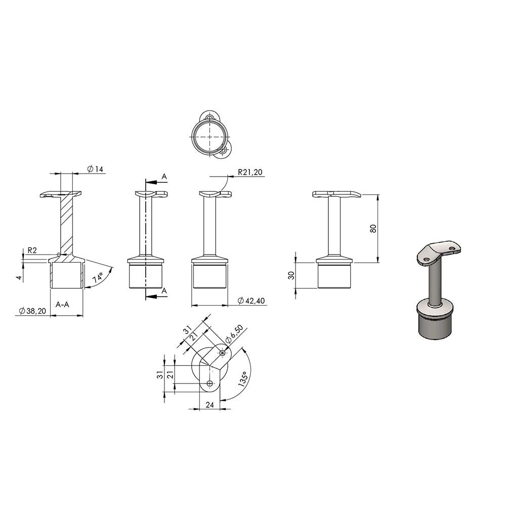 135° Handlaufstütze aus einem Teil für ø 42,4 x 2,0mm Pfosten, mit Halteplatte für Handlauf ø 42,4mm, in V4A