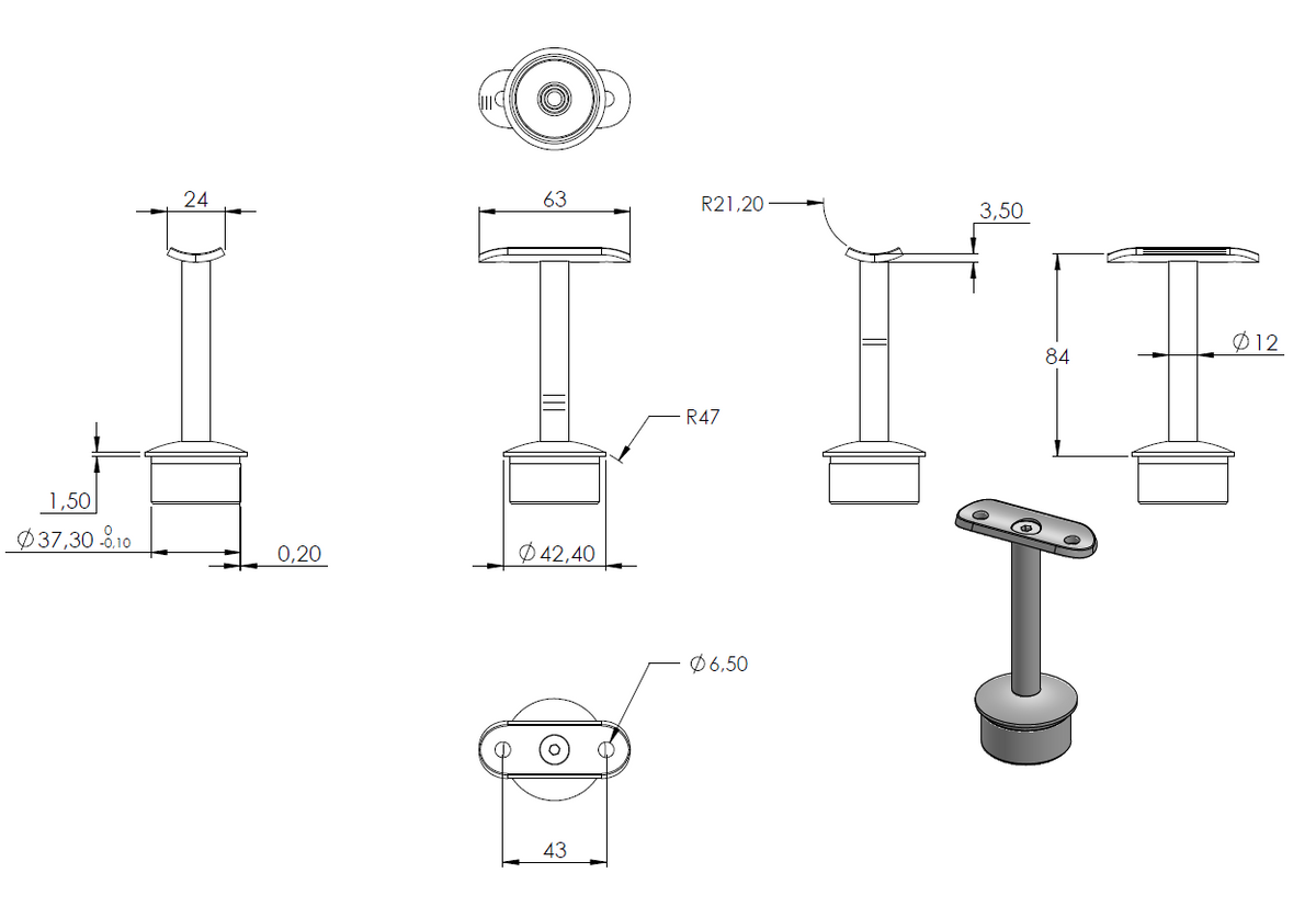 Handlaufstütze ø 12mm, verschraubt zur Pfostenbefestigung, für ø 42,4 x 2,5mm Pfosten an Rohr ø 42,4mm