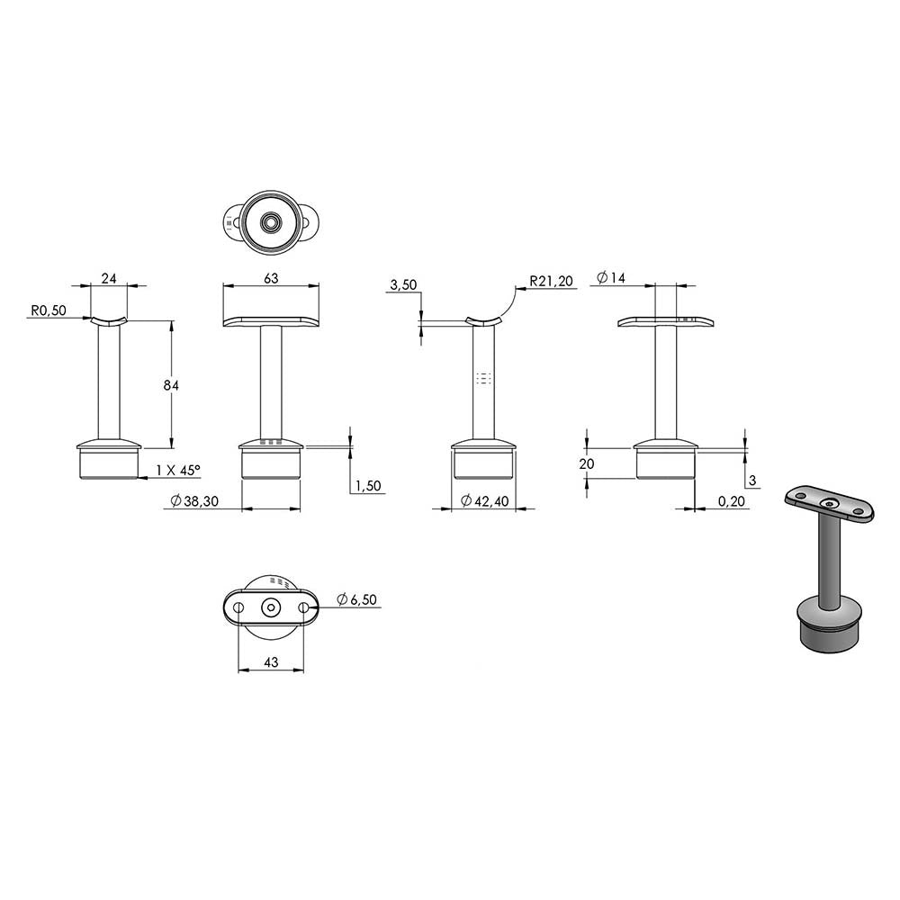 Handlaufstütze ø 14mm, verschraubt zur Pfostenbefestigung, für ø 42,4 x 2,0mm Pfosten an Rohr ø 42,4mm