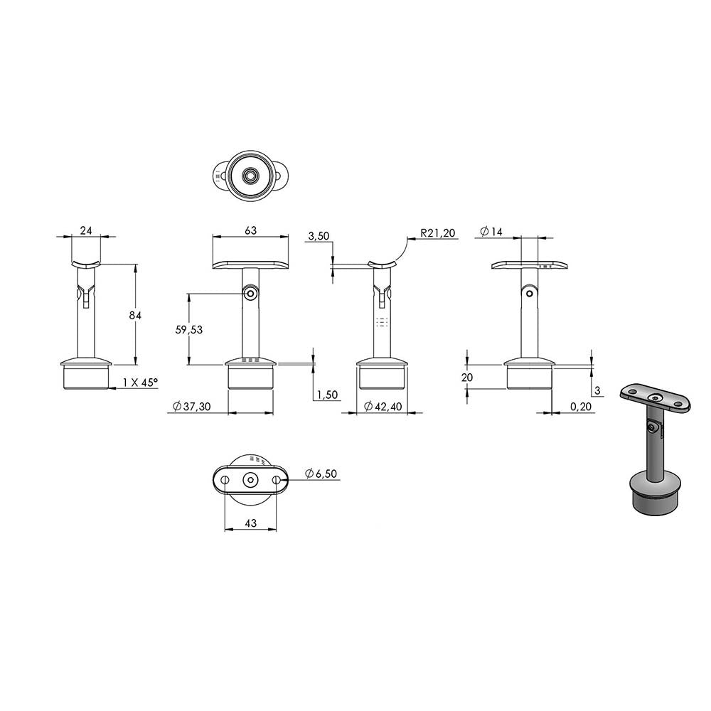 Handlaufstütze ø 14mm, verschraubt variabel zur Pfostenbefestigung, für ø 42,4 x 2,5mm Pfosten an Rohr ø 42,4mm