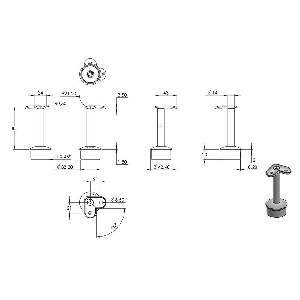 Handlaufstütze ø 14mm, verschraubt 90° zur Pfostenbefestigung, für ø 42,4 x 2,0mm Pfosten an Rohr ø 42,4mm