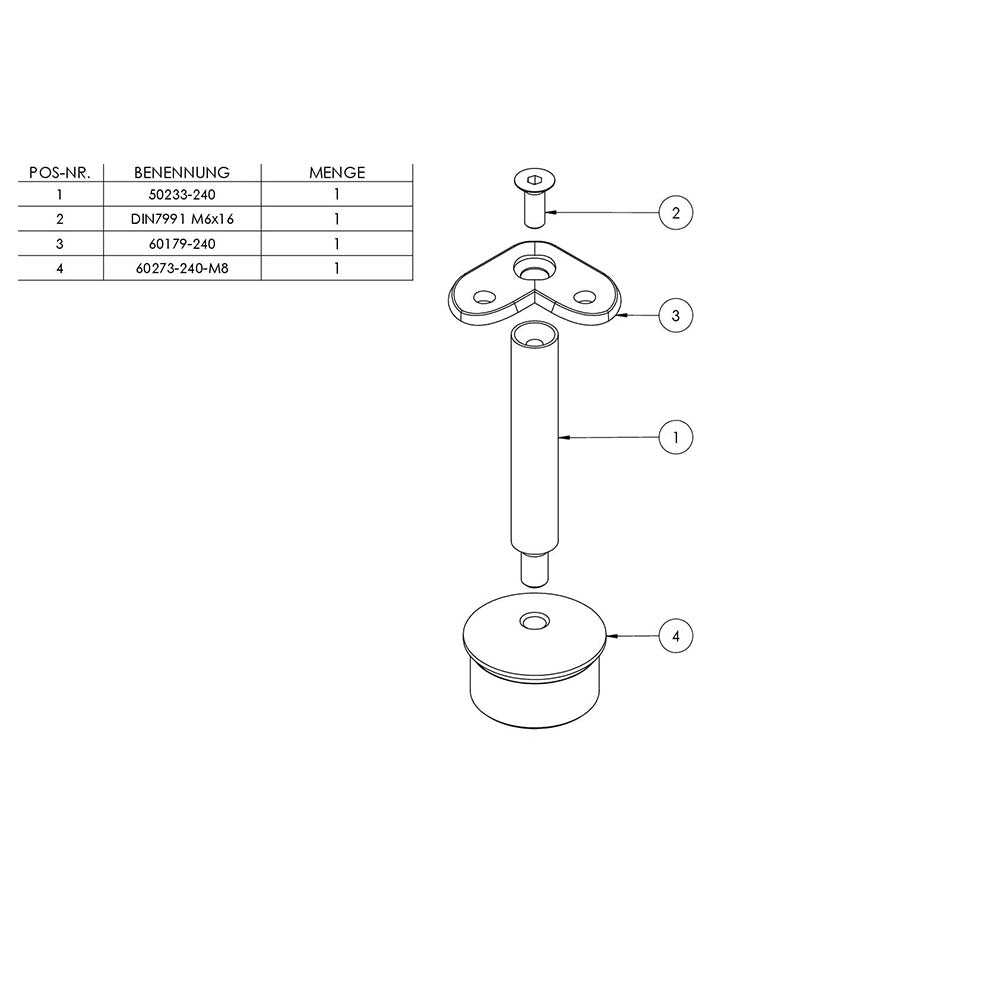 Handlaufstütze ø 14mm, verschraubt 90° zur Pfostenbefestigung, für ø 42,4 x 2,0mm Pfosten an Rohr ø 42,4mm