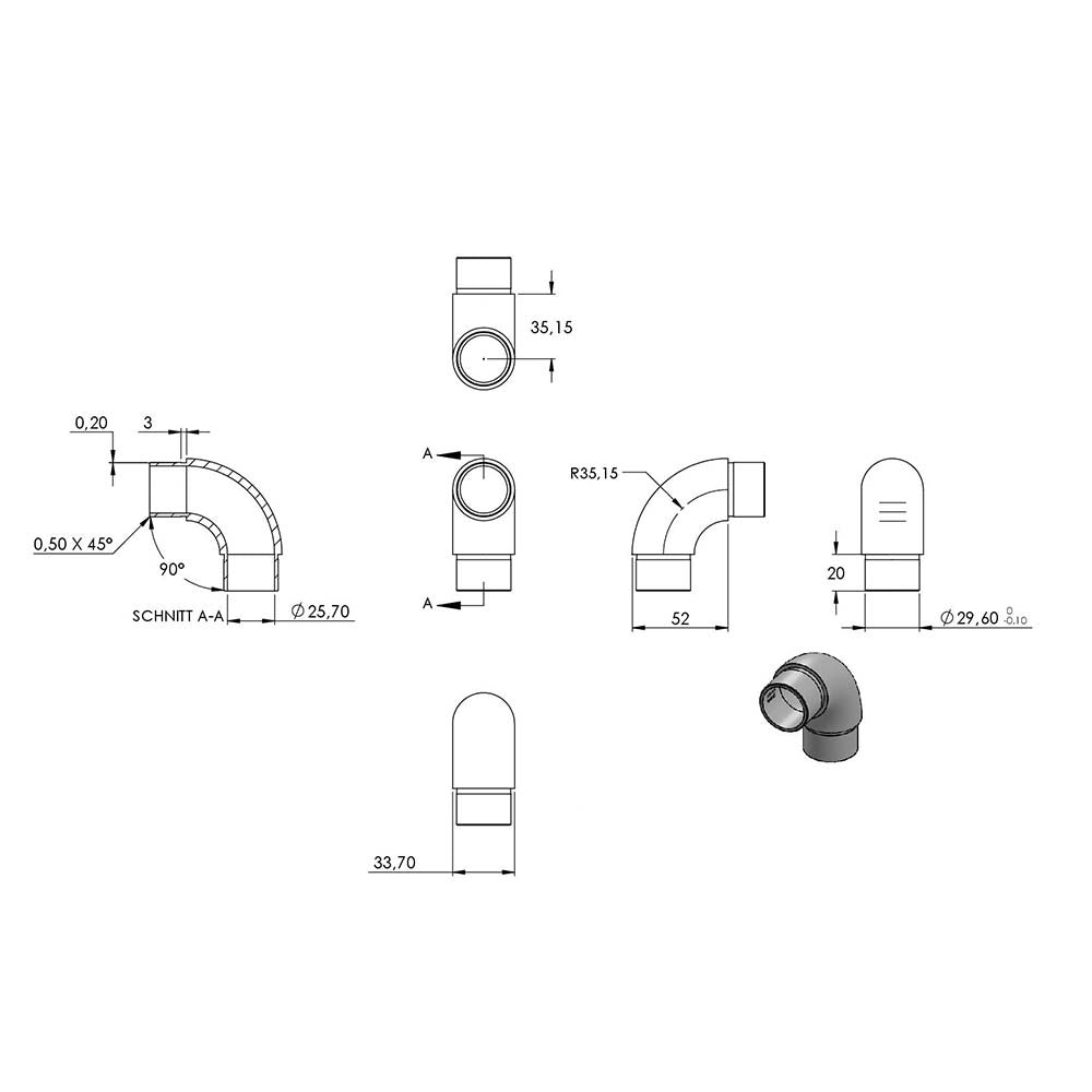 Rohrbogen 90° rund, für Rohr 33,7 x 2,0mm
