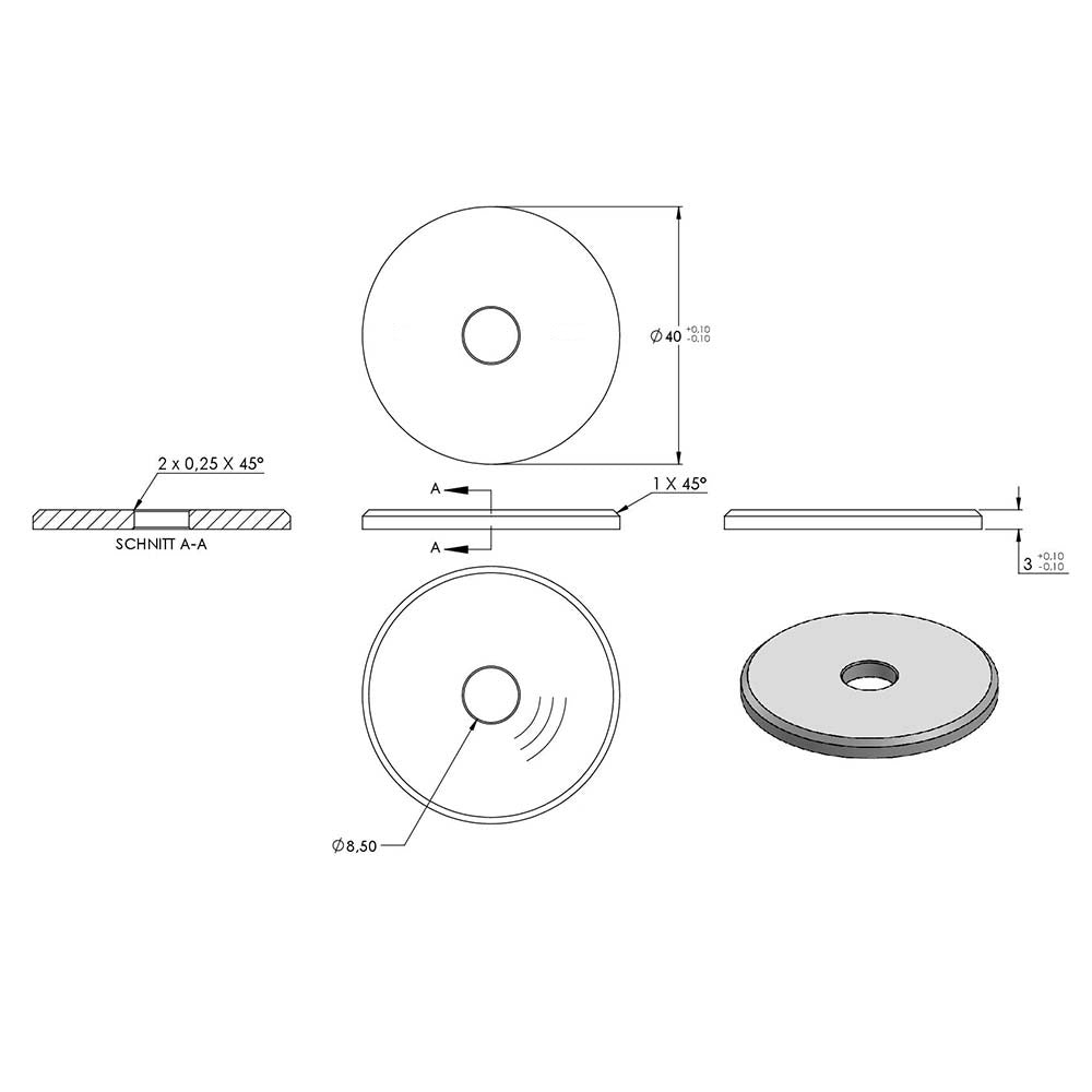Beilagescheibe, Durchmesser ø 40mm, Stärke 3mm, mit Bohrung 8,5mm in V2A
