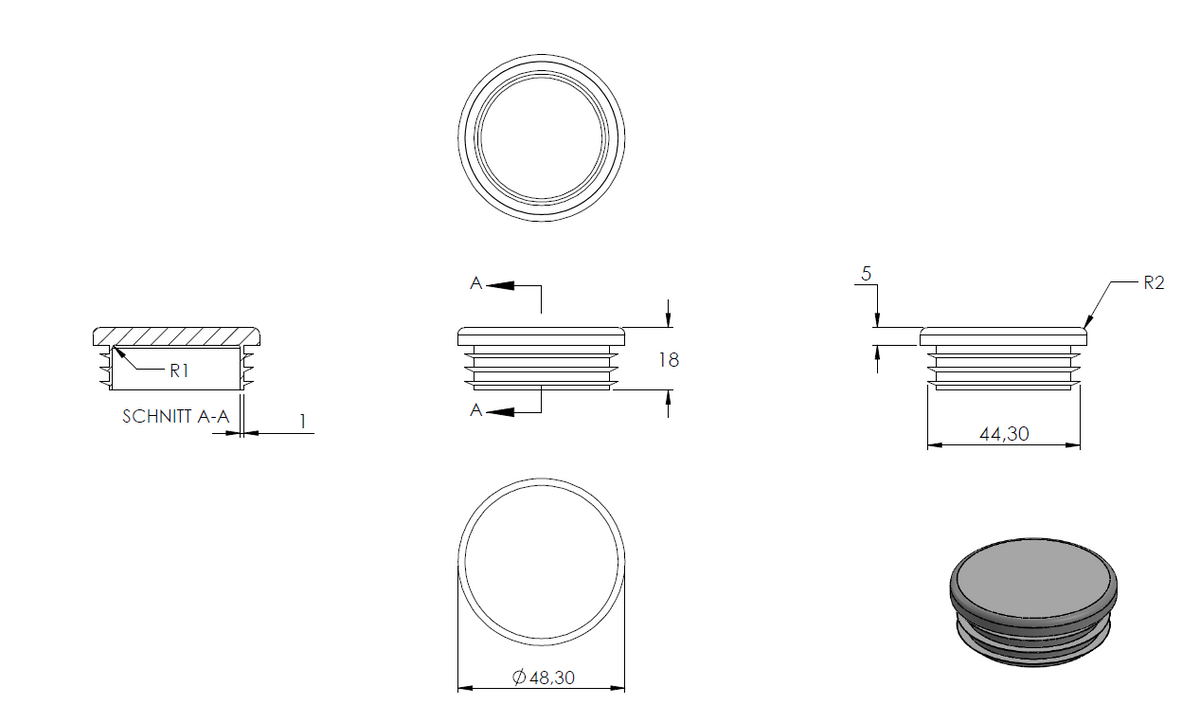 Kunststoff Einsteckkappe für Rundrohr ø 48,3mm mit Wandstärke 3,0mm, in Grau