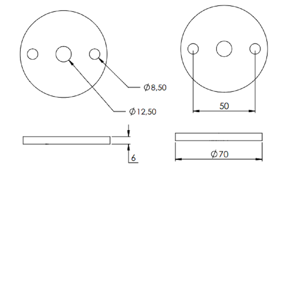 Ronde ø 70mm, Stärke 6mm, mit zwei ø 8,5mm Bohrungen und ø 12,5mm Mittelbohrung, Stahl roh