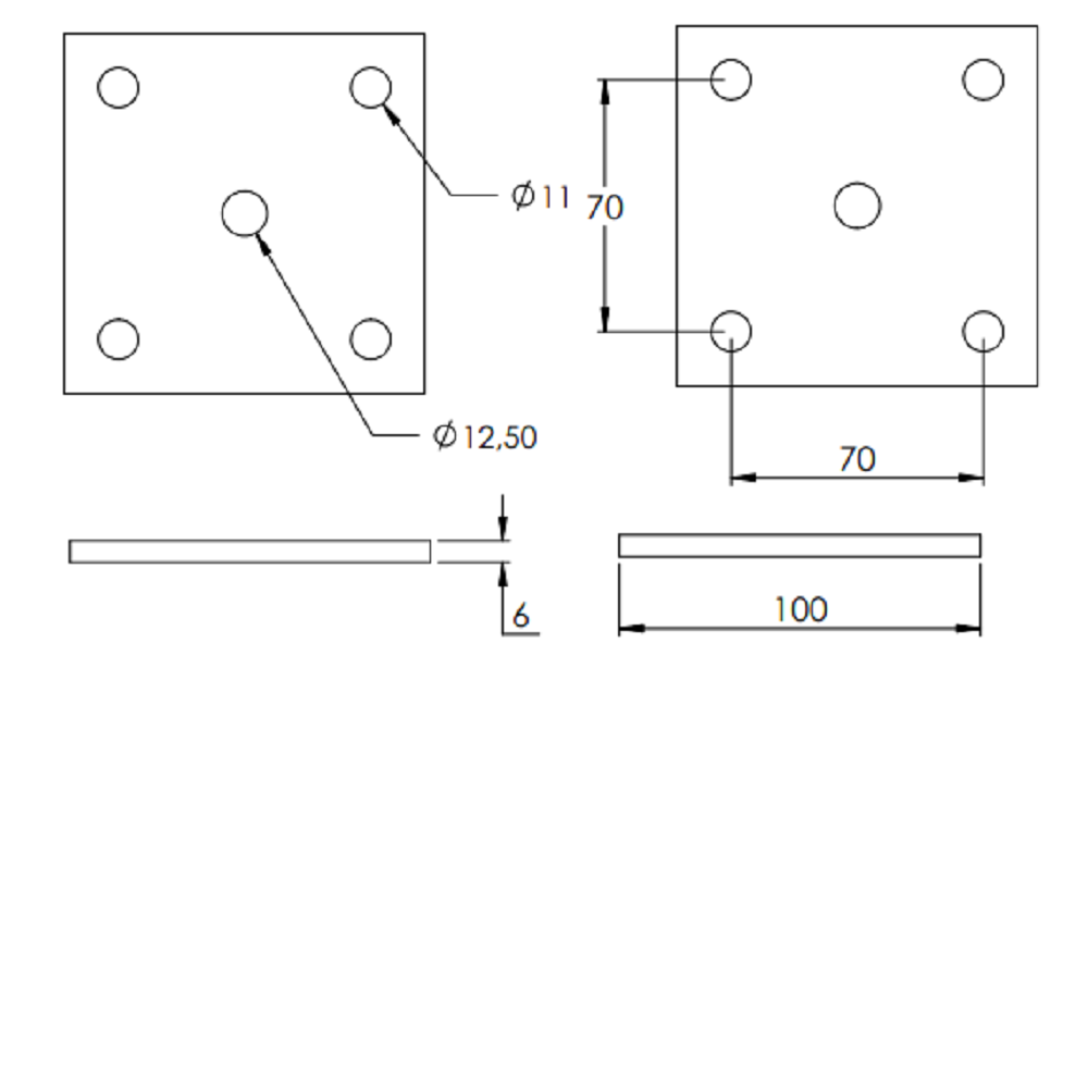Ankerplatte 100 x 100mm, Stärke 6mm, mit vier ø 11mm Bohrungen und ø 12,5mm Mittelbohrung, Stahl roh