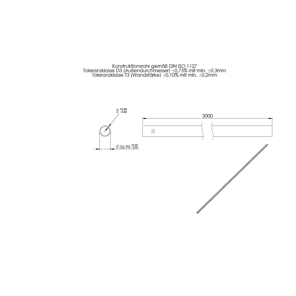 Rohr ø 26,9 x 2,0mm, Länge: 3000mm, aus V2A Edelstahl geschliffen