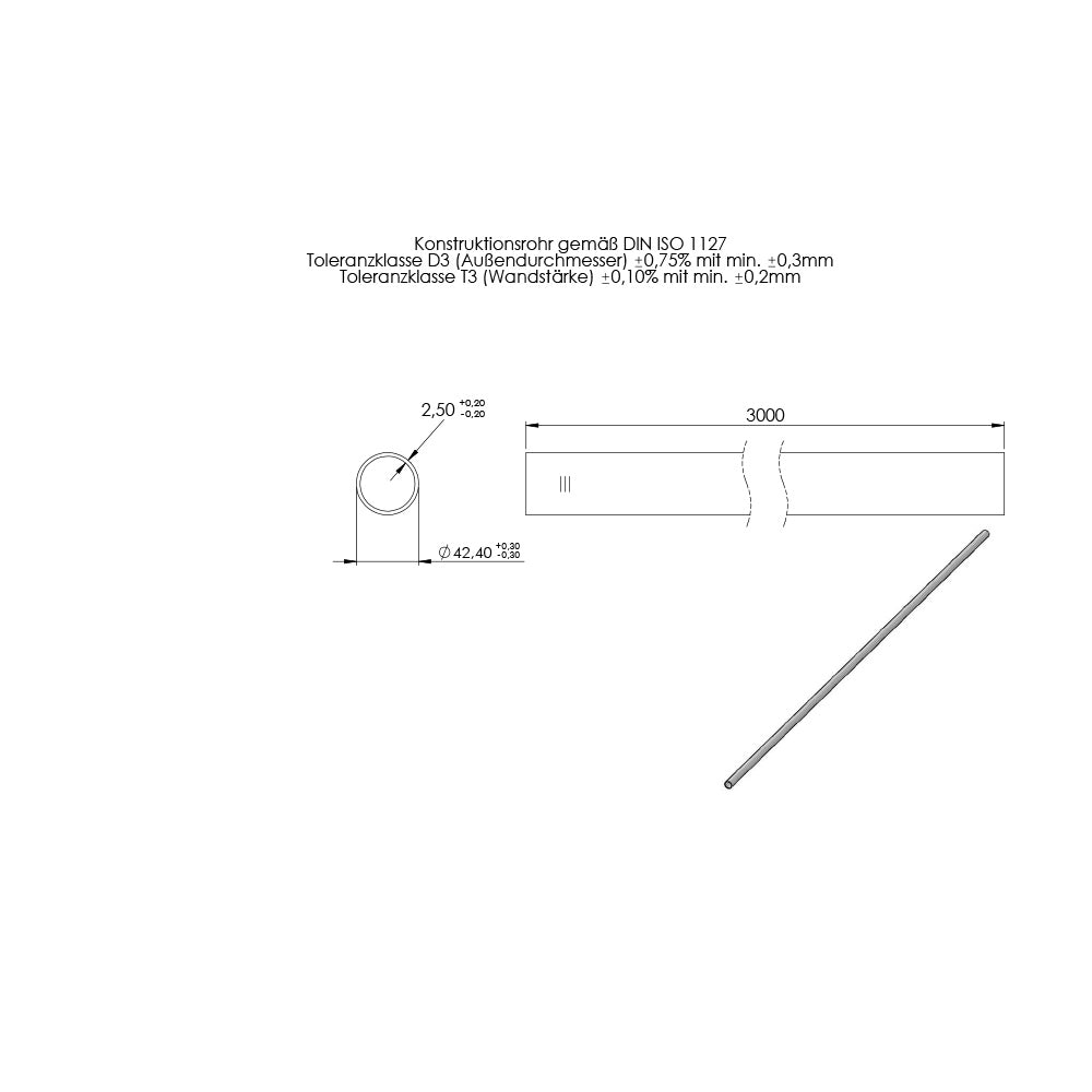 Rohr ø 42,4 x 2,5mm, Länge: 3000mm, aus V4A Edelstahl geschliffen