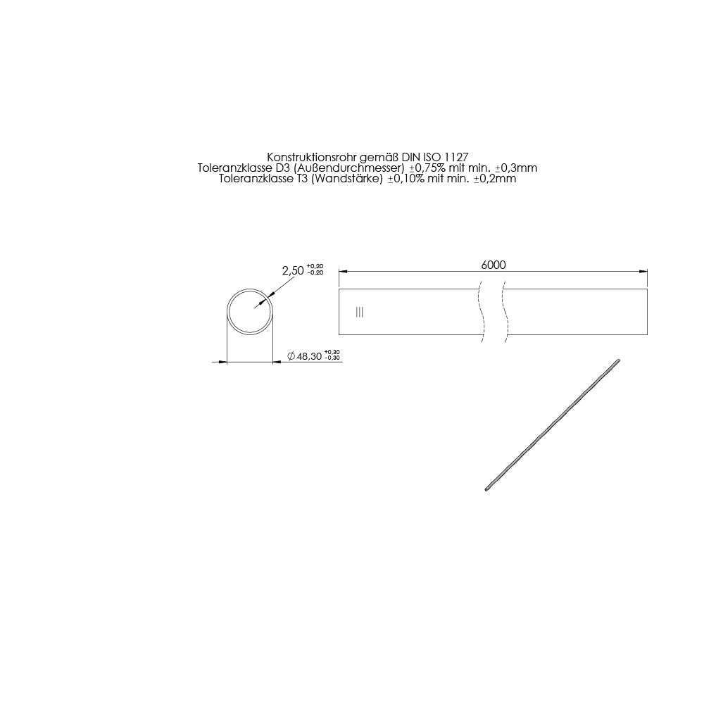 Rohr ø 48,3 x 2,5mm, Länge: 6000mm, aus V2A Edelstahl geschliffen