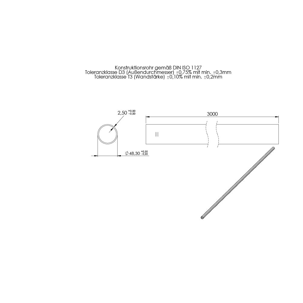 Rohr ø 48,3 x 2,5mm, Länge: 3000mm, aus V2A Edelstahl geschliffen