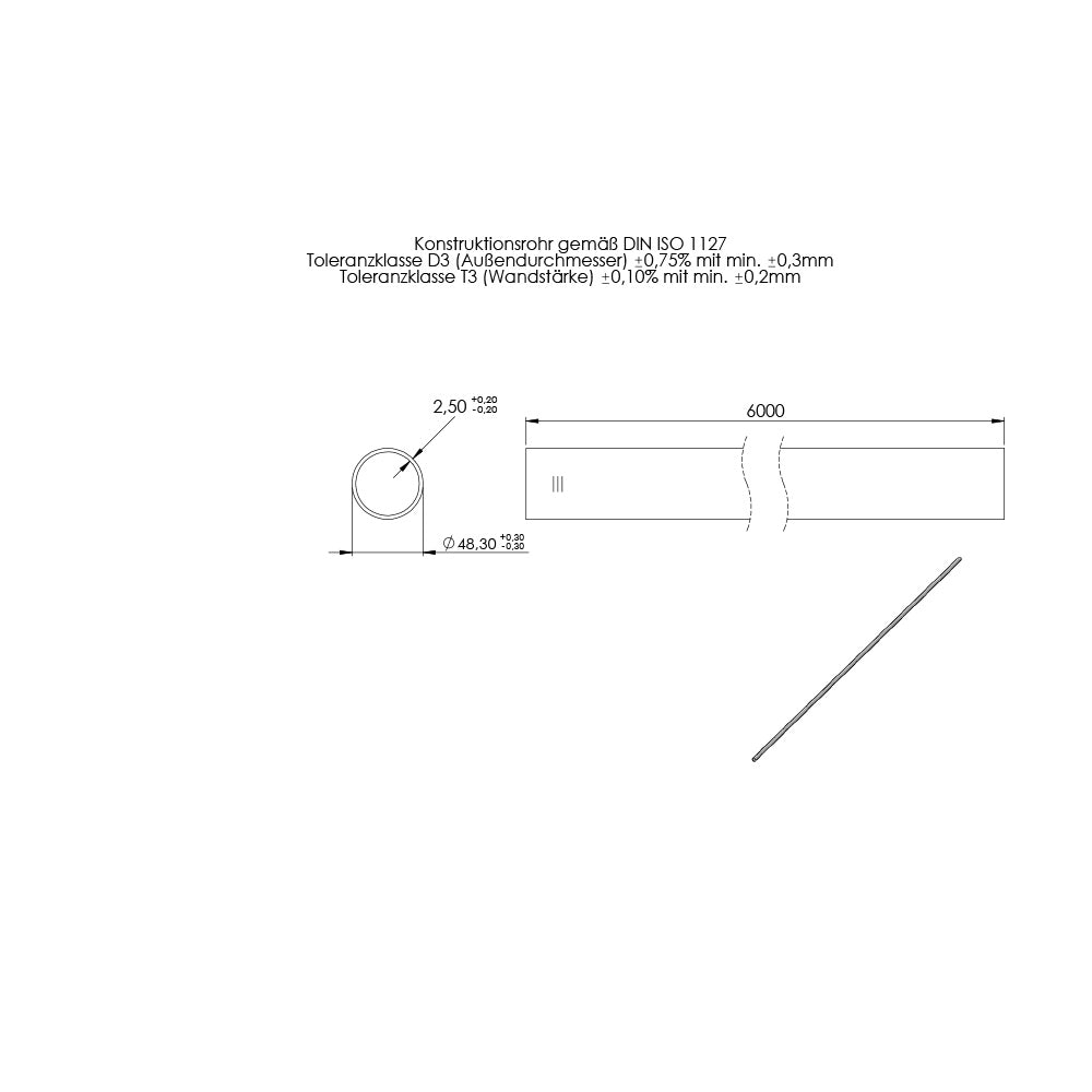 Rohr ø 48,3 x 2,5mm, Länge: 6000mm, aus V4A Edelstahl geschliffen