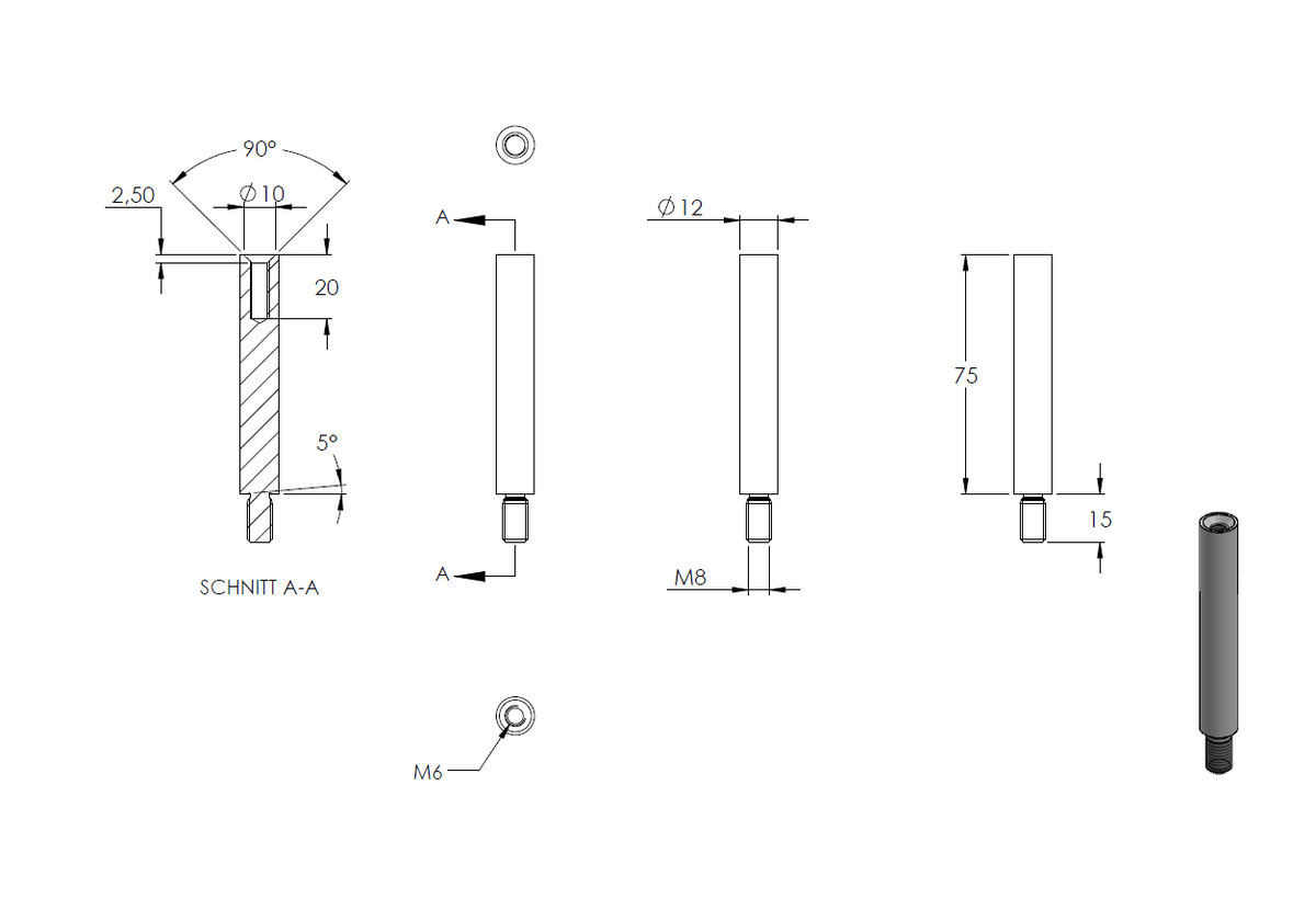 Handlaufstütze ø 12mm, verschraubt zur Pfostenbefestigung, für ø 42,4 x 2,5mm Pfosten an Rohr ø 42,4mm