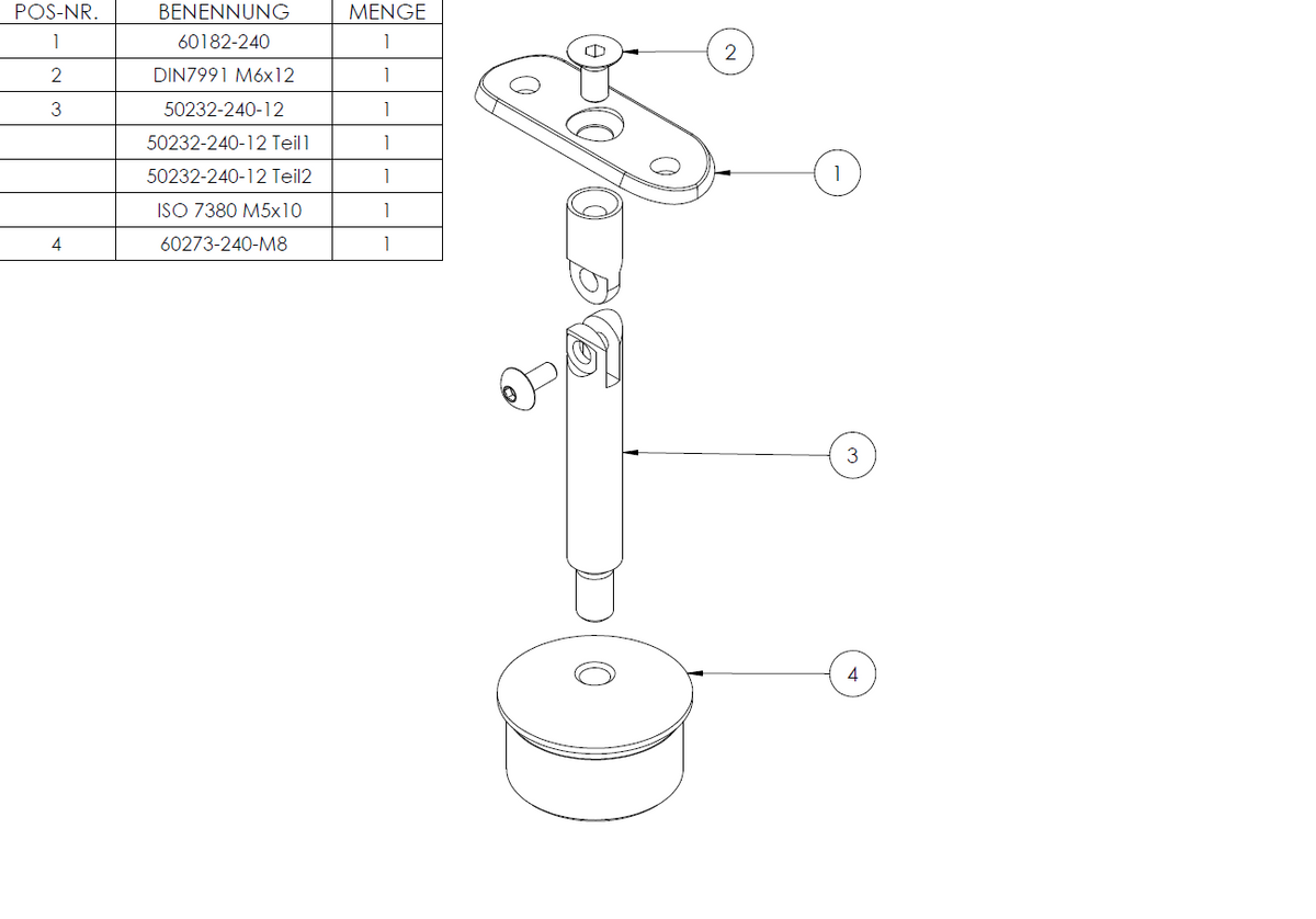 Handlaufstütze ø12mm, verschraubt variabel zur Pfostenbefestigung, für ø 42,4 x 2,0mm Pfosten an Rohr ø 42,4mm