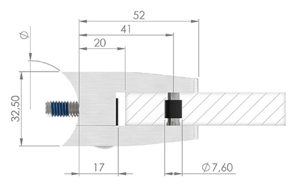 Glasklemme Modell 14, Anschluss für ø 48,3mm Rohr, für Glasstärke 1,5 - 12,76mm