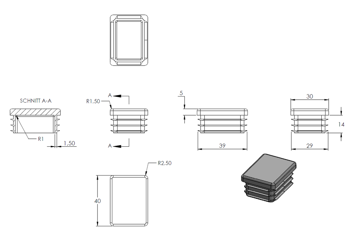Kunststoff Einsteckkappe für Rechteckrohre 40 x 30mm mit Wandstärke 1,0-3,0mm, in Grau