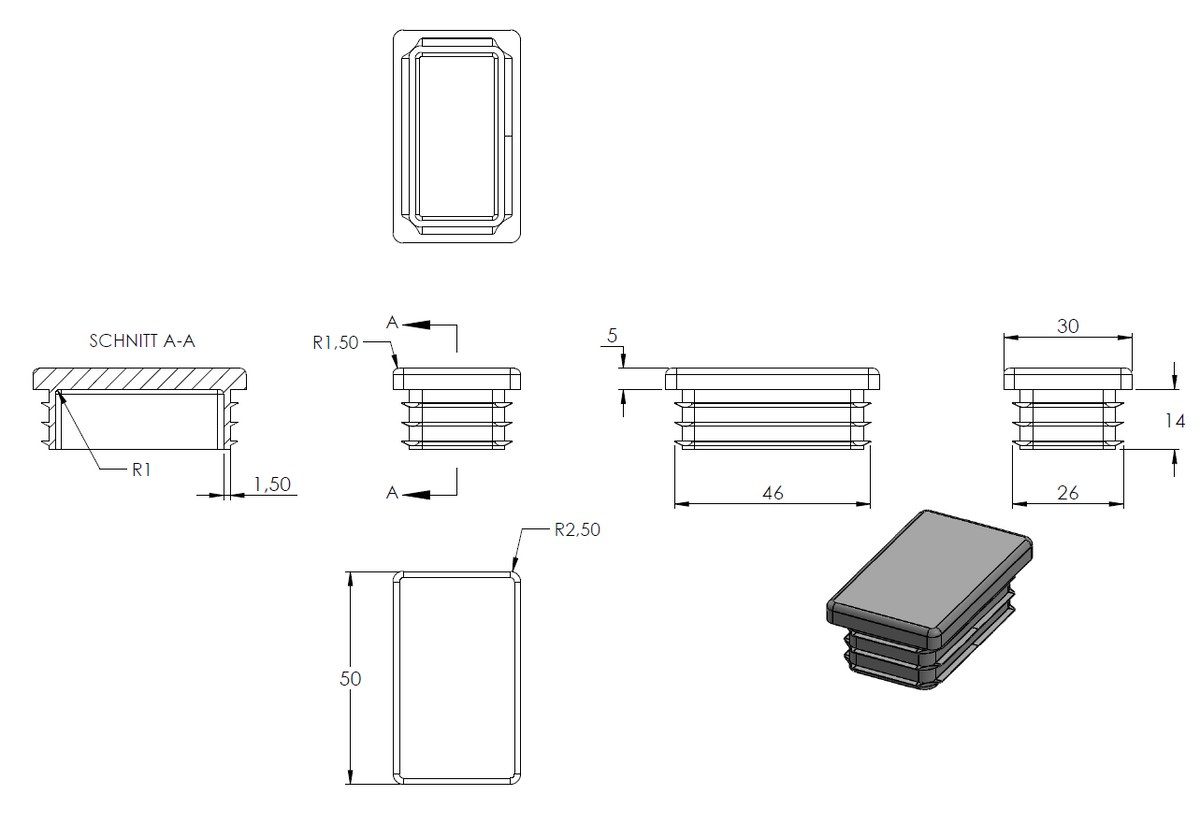 Kunststoff Einsteckkappe für Rechteckrohre 50 x 30mm mit Wandstärke 1,5-2,0mm, in Grau