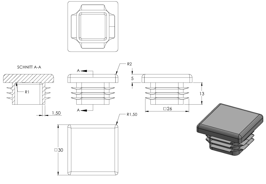 Kunststoff Einsteckkappe für Vierkantrohre 30 x 30mm mit Wandstärke 2,5-4,0mm in Grau