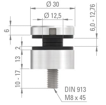 Glas-Punkthalter ø 30mm für Glas 6,0-12,76mm, Anschluss ø 42,4mm, Zinkdruckguss Edelstahleffekt