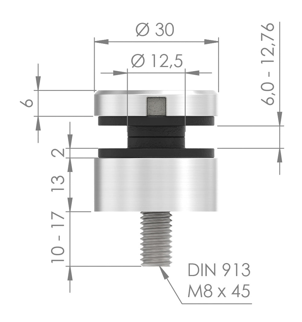 Glas-Punkthalter ø 30mm für Glas 6,0-12,76mm, flacher Anschluss, V4A