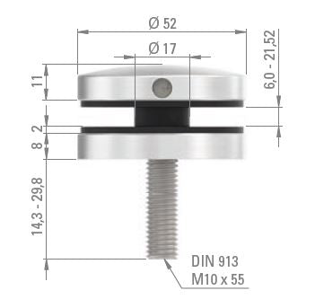 Glas-Punkthalter ø 52mm für Glas 6,0-21,52mm, Anschluss ø 42,4mm, mit AbP