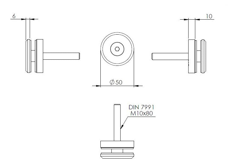 Glas-Punkthalter ø 52mm für Glasstärken 6,00-21,52mm, flacher Anschluss, mit AbP