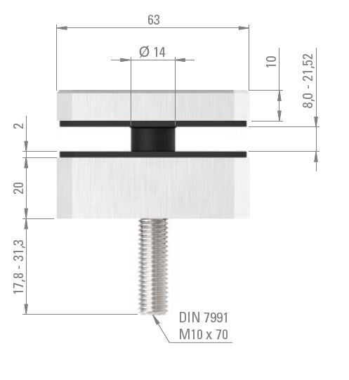 Glas-Punkthalter 63 x 63mm für Glas 8,0-21,52mm, flacher Anschluss, mit AbP
