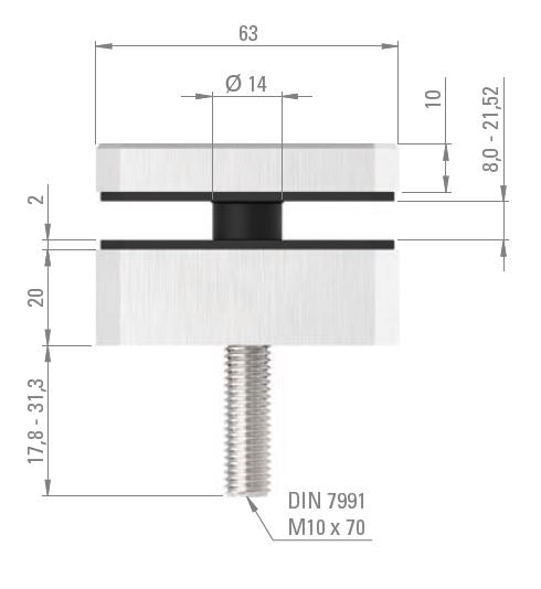 Glas-Punkthalter 63 x 78mm für Glas 8,0-21,52mm, flacher Anschluss, mit AbP