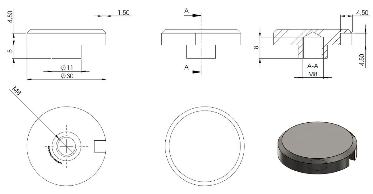 Glas-Punkthalter 30mm, Oberteil, für Glas 6,0-12,76mm, V2A