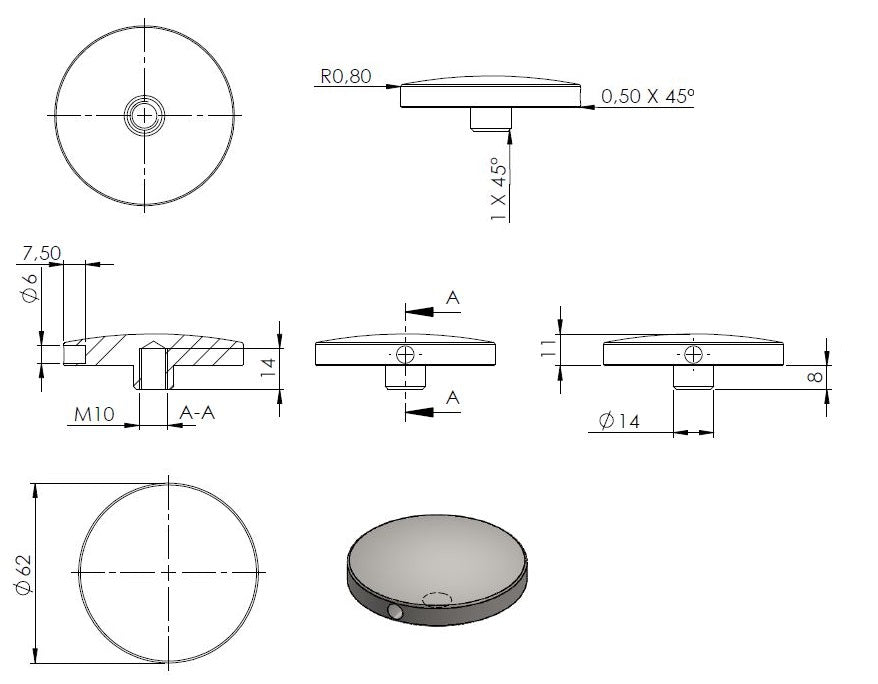 Glas-Punkthalter 62mm, Oberteil, für Glas 6,0-21,52mm, V2A