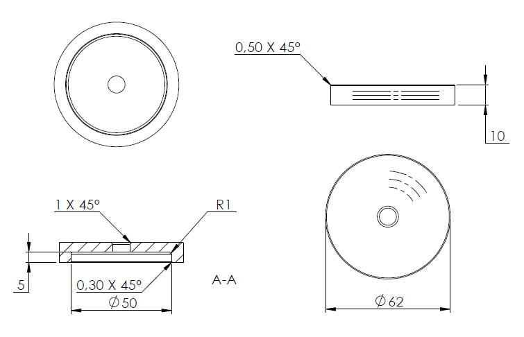 Glas-Punkthalter ø 62mm, Unterteil, Höhe 10mm, mit Innengewinde M10